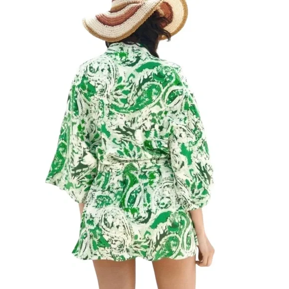 Zara Linen Blend Kimono Tie Front Mid Length Green Paisley Print Size Med/Large - Picture 4 of 16